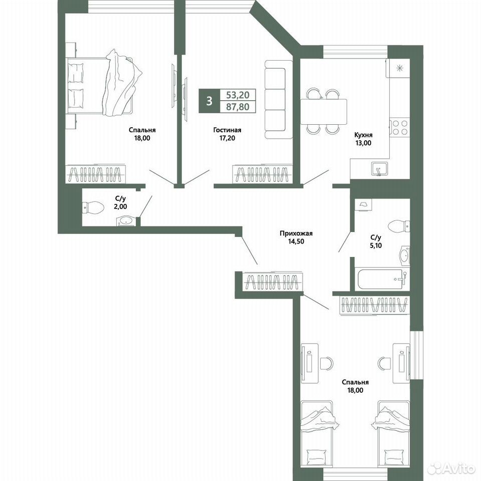 3-к. квартира, 87,8 м², 5/16 эт.