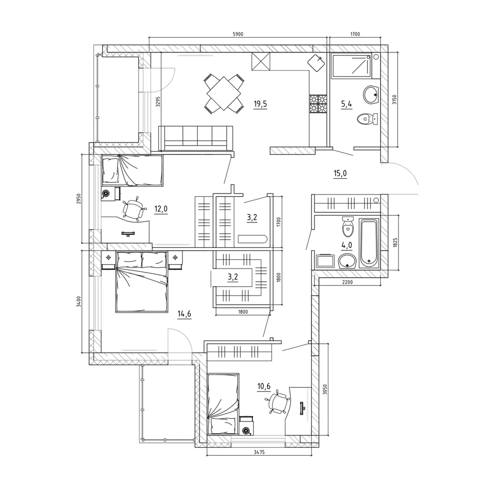 Планировка: 4-комнатная · 98 м²
