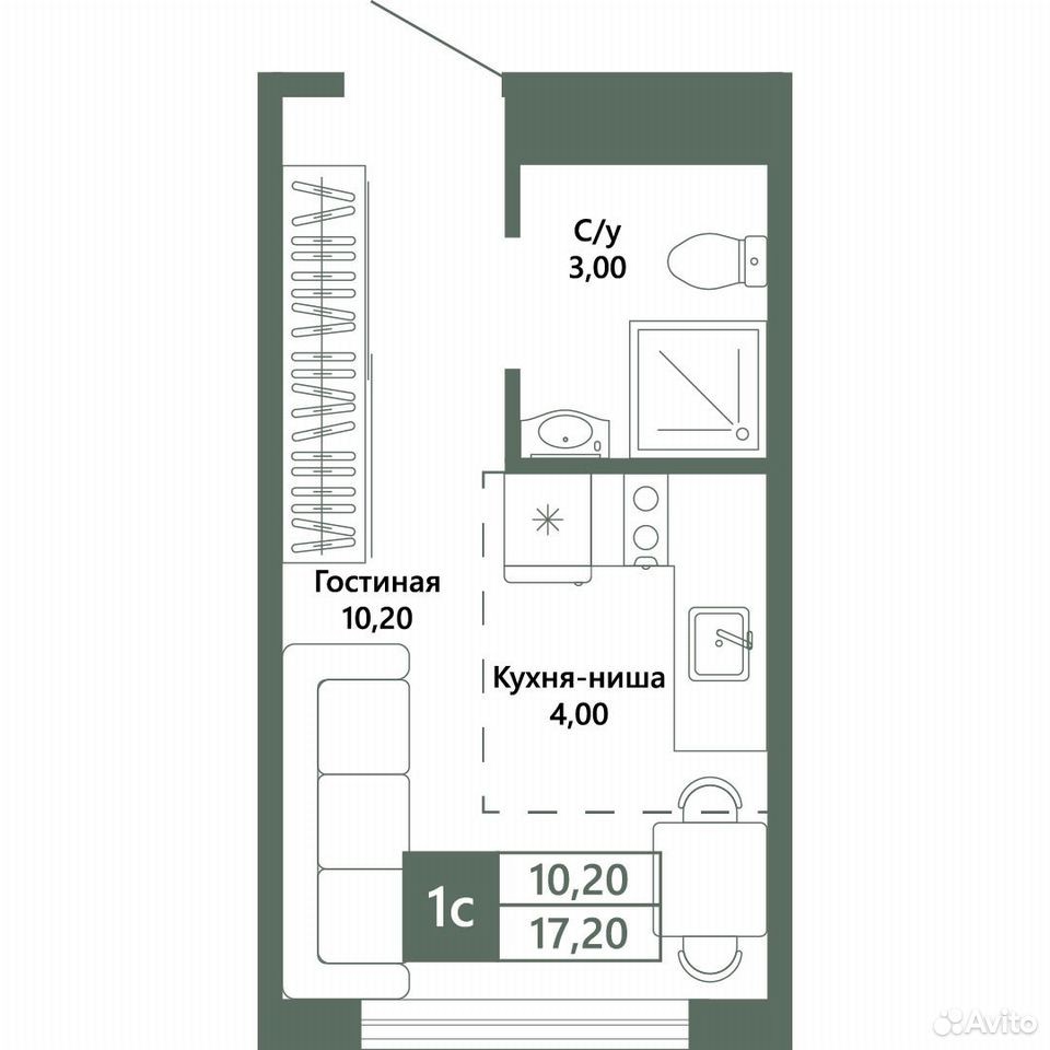 Квартира-студия, 17,2 м², 1/10 эт.