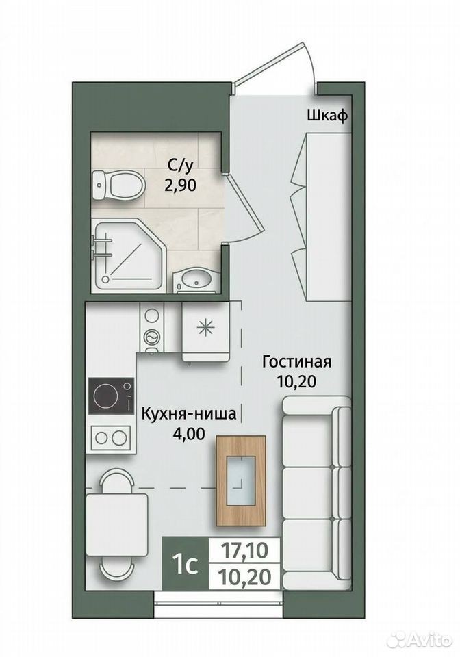 Квартира-студия, 17,1 м², 10/13 эт.
