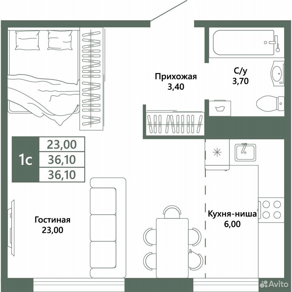Квартира-студия, 36,2 м², 2/6 эт.