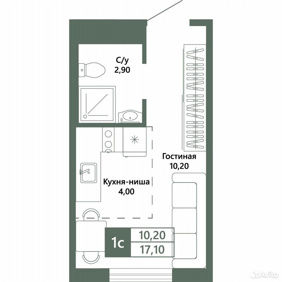 Квартира-студия, 17,1 м², 2/10 эт.