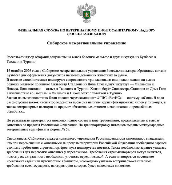 Какие правила нужно знать при вывозе животных за границу: советы Россельхознадзора