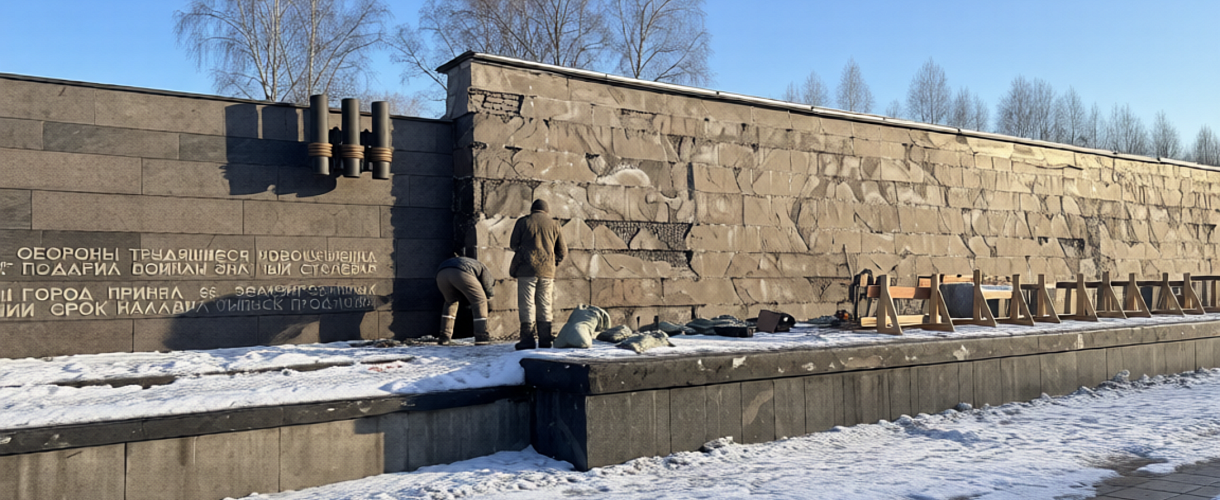 В Новокузнецке продолжается реставрация стены «Тыл - фронту» на Бульваре Героев: демонтаж центральной части (ФОТО)